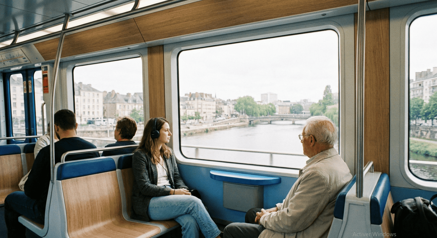 Voyageurs dans un train à Rennes circulation et déplacements vers la gare et l’aéroport